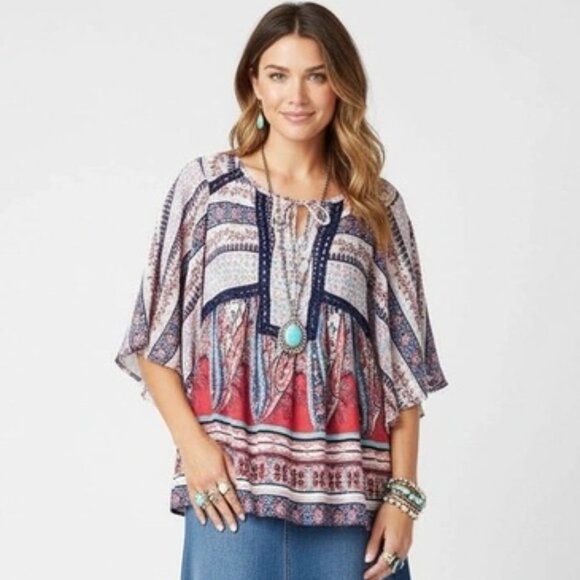 Fig & Flowers Anthropologie Floral Short Sleeve Peasant  Boho Blouse Top L - Picture 6 of 7